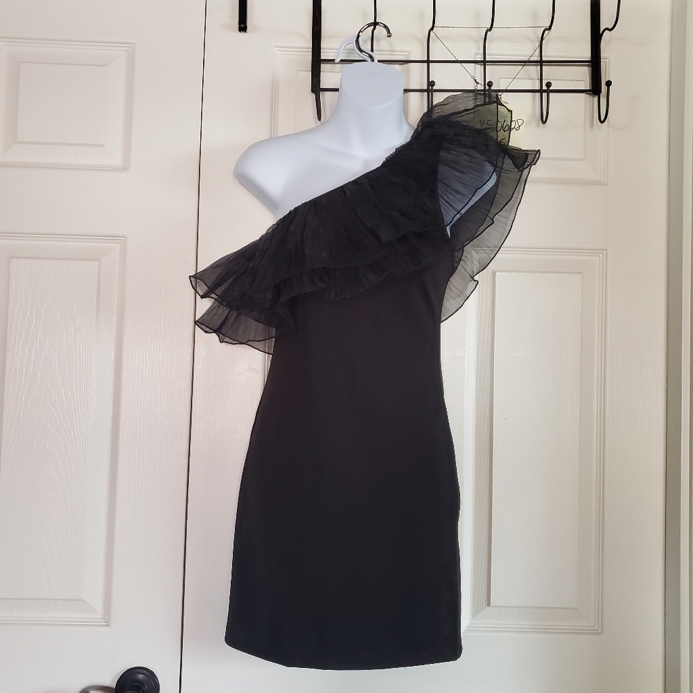 Papermoon‎ One-Shoulder Ruffled Black Mini Dress Pullover Bodycone Size Small